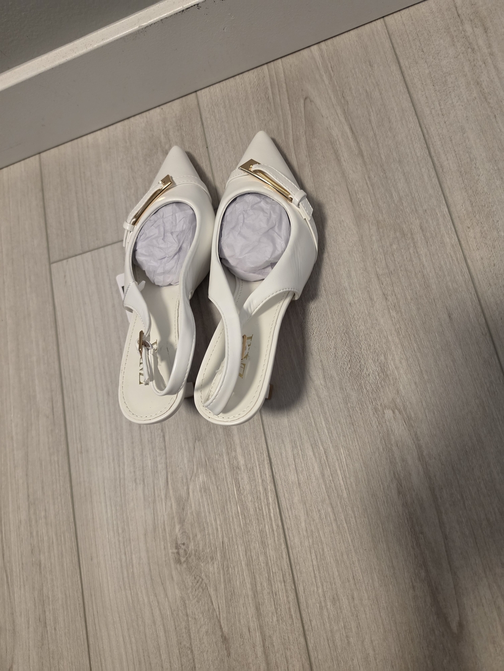 Zara White Pointed Slingback Flats with Gold Accent
